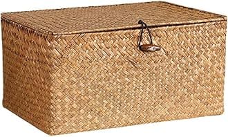PYEBEShelf Baskets Bin with Lid, Handwoven Seagrass Basket Storage Bins Rectangular Household Basket Boxes for Shelf Wardrobe Home Organizer (Caramel, Large), QXKZ061
