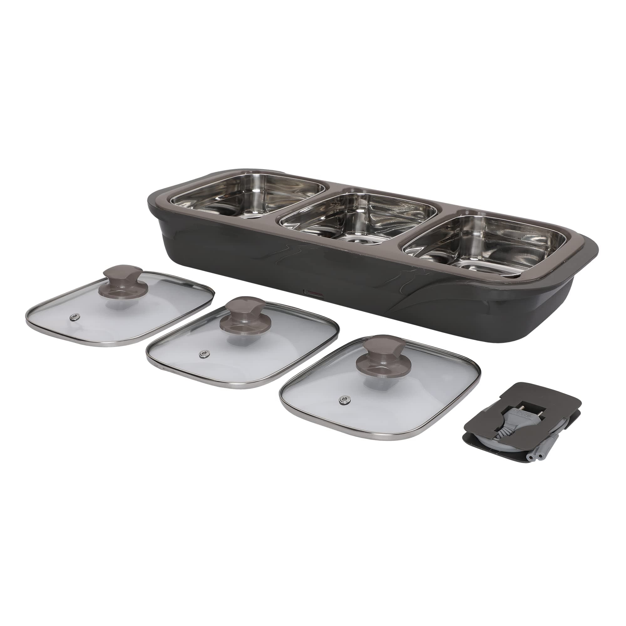Jaypee Plus E-3 Bowl Electrical Serving Casserole,1000 ml Each | Removable Container Stainless Steel 3 Dish Food Buffet Server 3 in 1 Electiric Bowl for Reheating Food, Grey