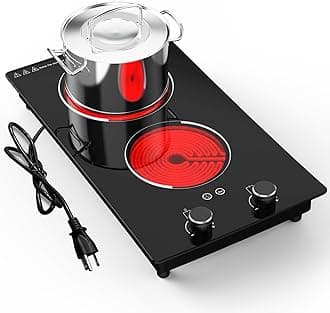 110v Electric Cooktop 2 Burners, 12'' Electric Stove Top with Plug in, Knob Control Countertop & Built-in Ceramic Cooktop, 9 Power Levels, Child Lock, Timer, Over-Heat Protection