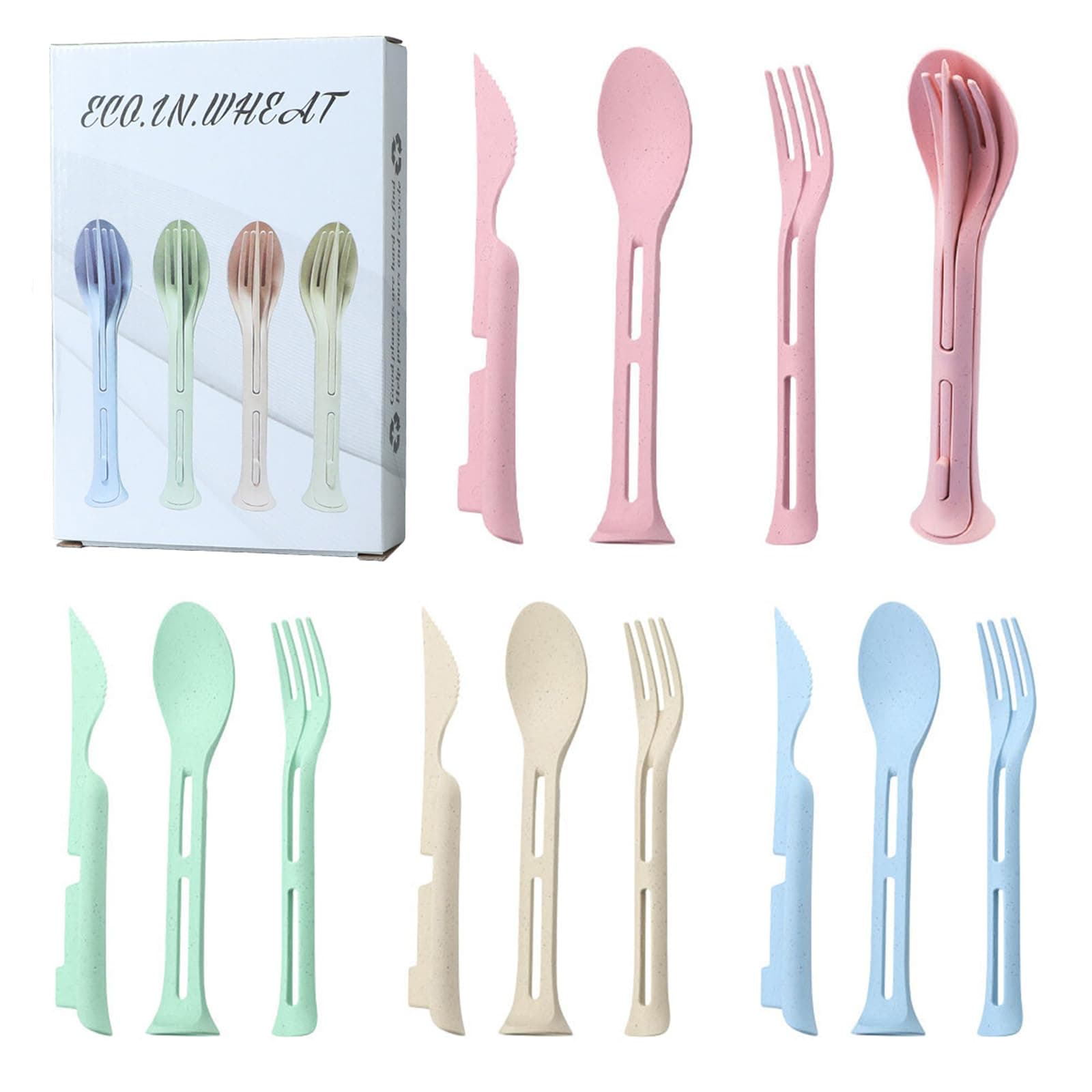 Wheat Straw Tableware Sets, Innovative 3-in-1 Dinnerware Sets,Integrating Knives, Spoons, and Forks for Integrated Storage,Eco-Friendly