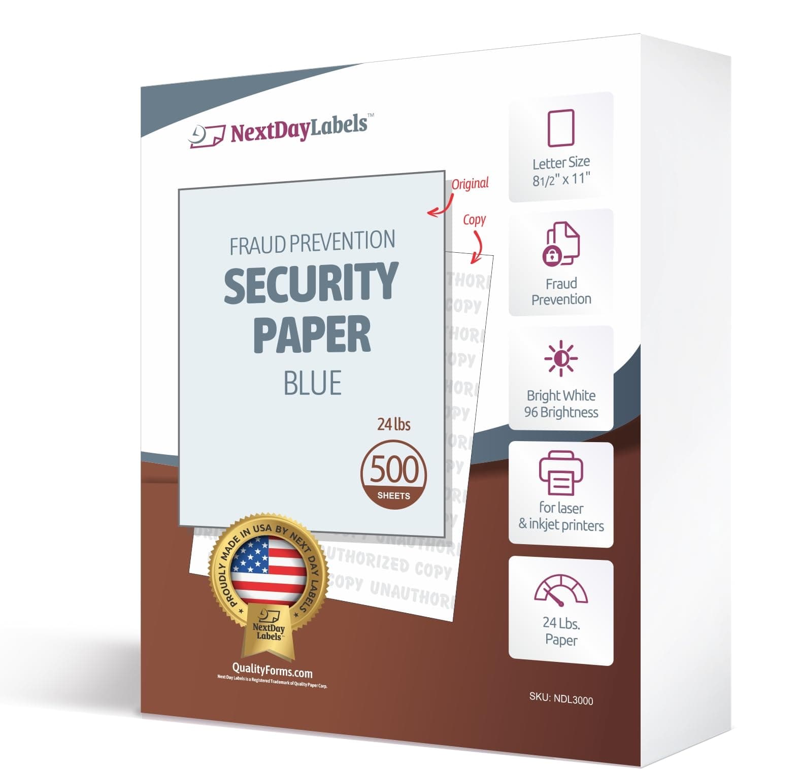 - NextDayLabels Blue Security Paper – Multi-Purpose – UNAUTHORIZED COPY – Fraud Prevention – Laser & Inkjet Printer Compatible – 8.5" x 11“ – 24 lb – 500 Sheets