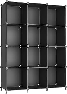 Cube Storage Organizer Closet Shelf Storage Organization Modular 12 Cube DIY Plastic Square Bookcase Bookshelf Clothes Shelving Rack for Home, Bedroom, Living Room, Office, Black