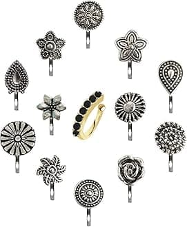 VAMA Fashions Oxidised Metal German Silver Nose Pin Ring Studs Body Piercing Jewellery Nosepin for Women