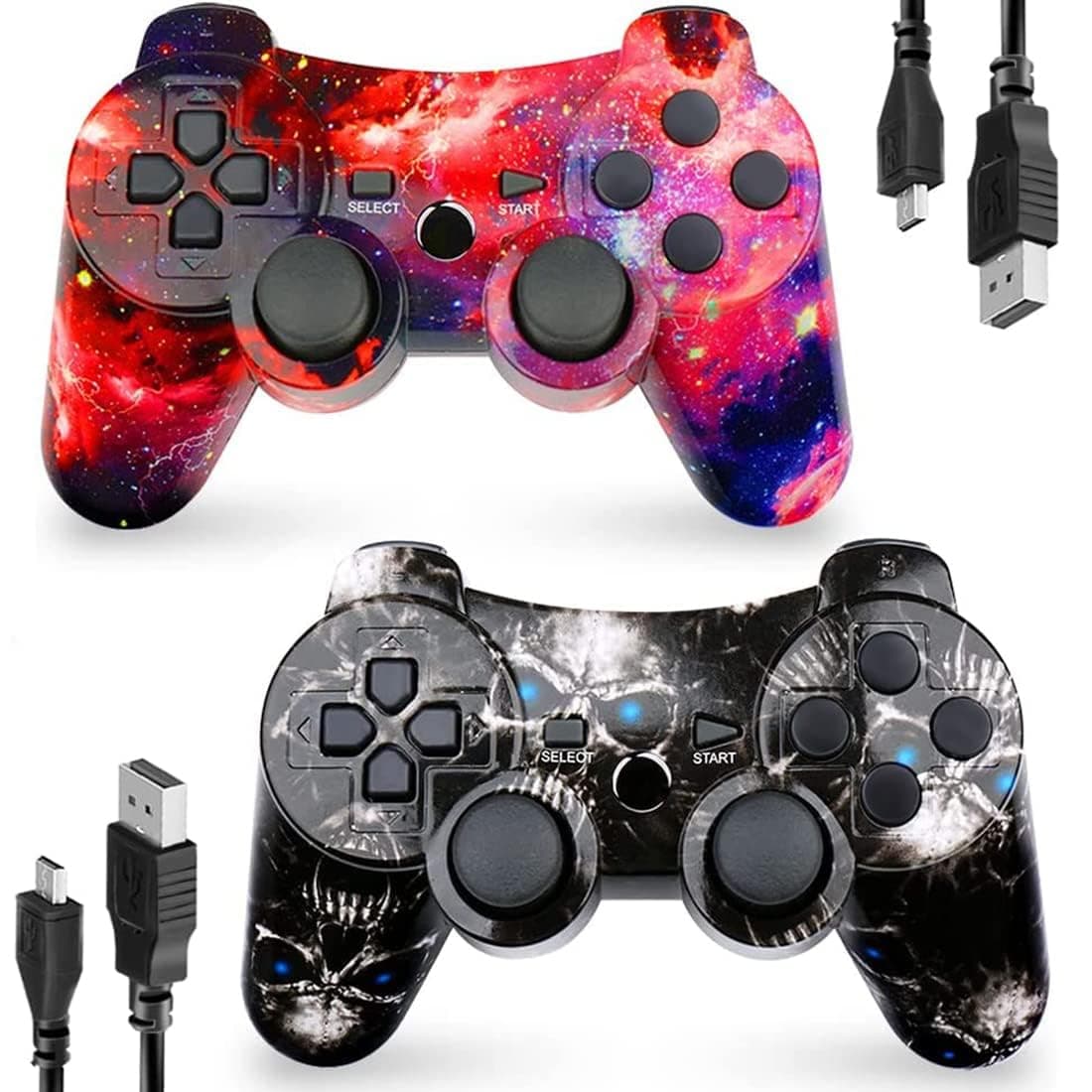 CHENGDAO Wireless Controller 2 Pack Compatible with Playstation 3 with High Performance Double Shock,Motion Control,USB Cable (Skull + Galaxy)