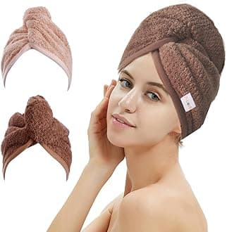 2 Pack Hair Drying Towels, Hair Wrap Towels, Absorbent Microfiber Hair Towel Turban with Button Design to Dry Hair Quickly(Coffee& Pink)