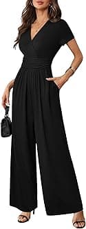 Women Casual Summer Jumpsuits Dressy 2025 Short Sleeves Deep V Neck Romper Elegant High Waist Wide Leg Pants Black XL
