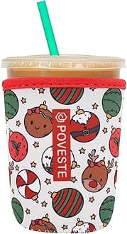 Reusable Neoprene Insulator Sleeve for Iced Coffee & Cold Soda, Coffee Sleeves for Iced & Hot Drinks, Cold Beverage Cooler Compatible with Starbucks, Dunkin (Chrsitmas Party, Small: 16-18oz)