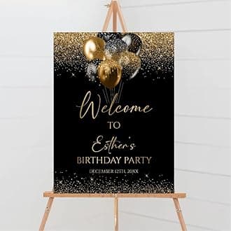 Customized Birthday Party Welcome Sign, Black And Gold Balloons Birthday Welcome Poster, Glitter Confetti Birthday Decoration, Birthday Party Sign