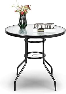 Round Patio Table with Umbrella Hole, 32" Outdoor Dining Table Steel Tempered Glass Patio Tables Round Outdoor Tables for Balcony Garden Deck
