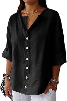 Women's Linen Shirt Button Down V Neck Trendy Solid Blouse 3/4 Sleeves Casual Loose Fit Tunic Tops Summer T Shirts