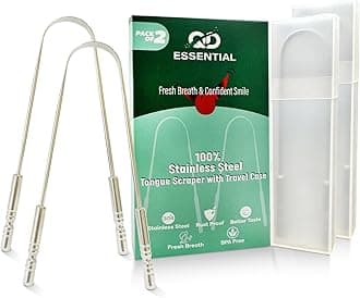 QD Essential Tongue Scraper with Travel Case (Two Pack)| Prevent Bad Breath with Easy To Carry Tongue Cleaner |100% Stainless Steel Tongue Scrubber for Daily Hygiene & Oral Care