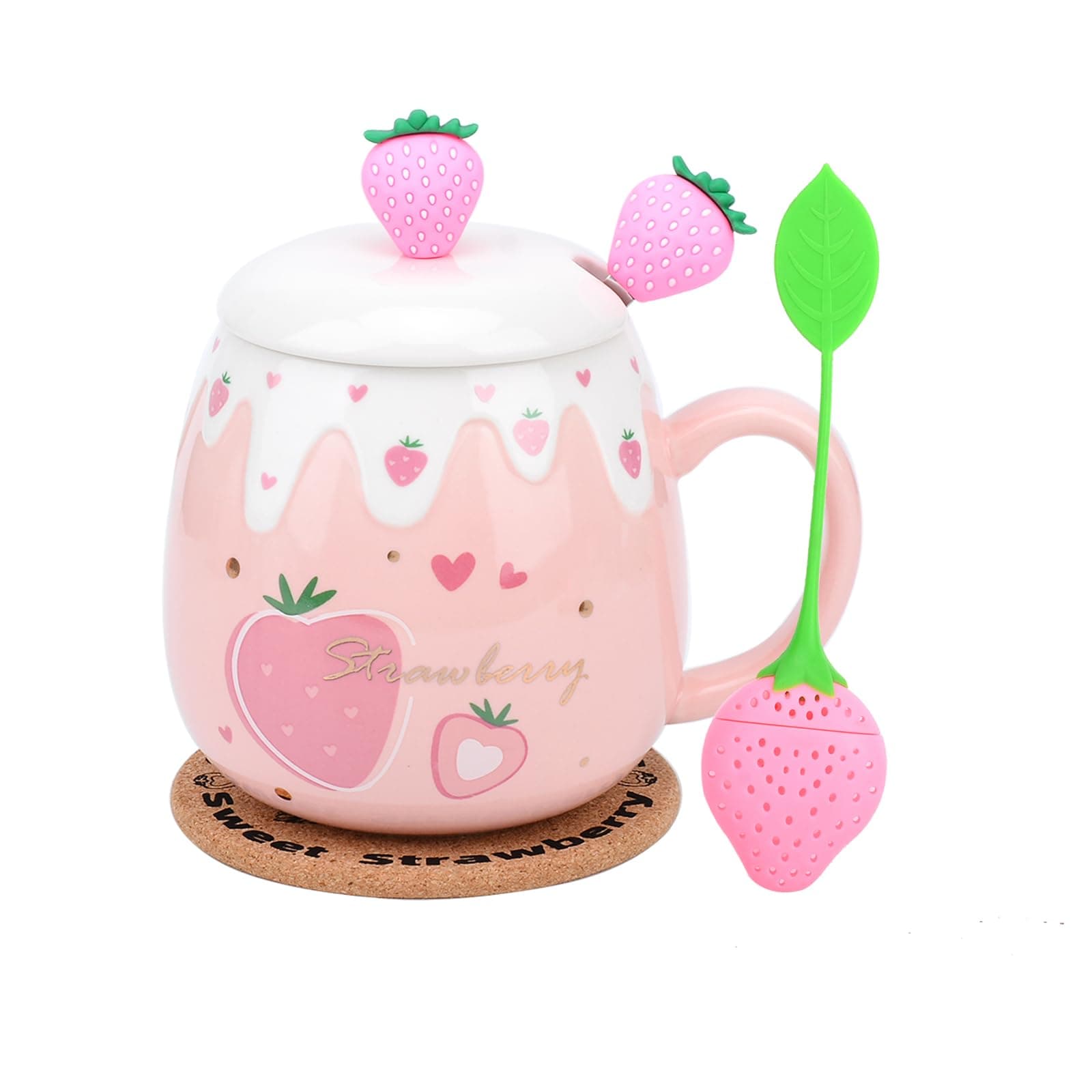 Pink Mug, Cute Strawberry Cup with Cover Spoon, Ceramic Cute Coffee Mugs with strainer, Kawaii Cup for Tea Milk, Gift for Women Girls Student Korean Style 450ML Christmas Birthday