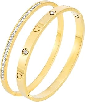 Gold Bangle Bracelets for Women - 2PCS 18 K Gold Plated Stainless Steel Love Bangle Friendship Stack Bracelet Bangle for Her.