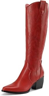 Womens Cowboy Boots Wide Calf Comfortable Pull On Zipper Chunky Heel Pointed Toe Embroidered Western Cowgirl Knee High Boots Ladies Retro Tall Boot,Size 7,Red,SDKB224W-W