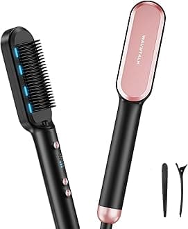 Hair Straightener Brush, Ionic Hair Straightening Brush with 6 Temperature Adjust, Anti-Scald Ceramic Hair Straightener Comb Fast Heating for Home Salon, Dual Voltage, Rose Gold.