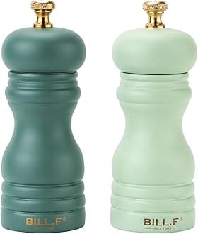Bill.F Salt and Pepper Grinder Set, Wood Pepper Mill Set of 2 Manual Salt Pepper Shakers Grinder Refillable 5 Inch with Adjustable Ceramic Grinding Rotor（Set of 2 Green）