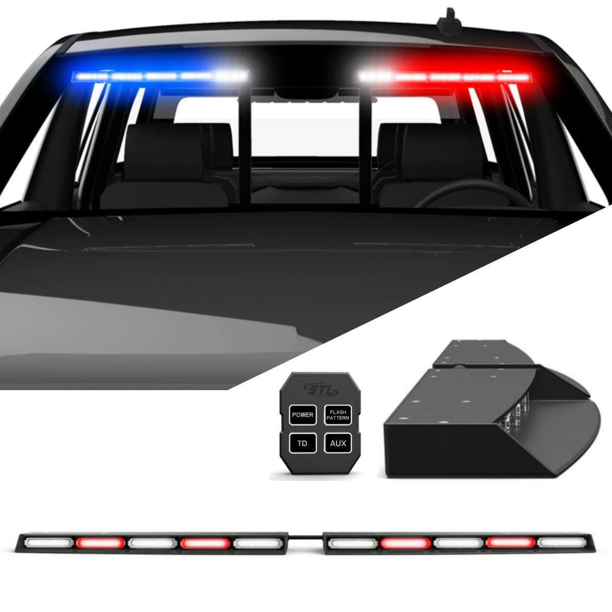 SpeedTech Lights Raptor Elite TIR Upper Windshield Interior Split LED Strobe Visor Light Bar – 60 LEDs 180 W with Bracket and Control Box for Police Fire EMS Vehicles (Red/Clear Alternating)