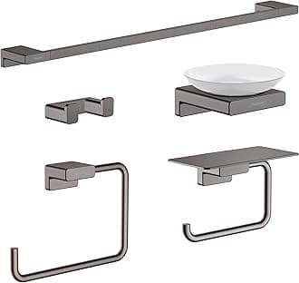 AddStoris Accessory Kit with Double Hook, Towel Bar, Toilet Paper Holder w/Shelf, Towel Ring, and Soap Dish in Brushed Black Chrome
