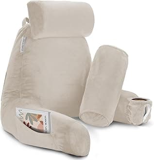 Clara Clark Reading Pillow with Shredded Memory Foam Includes 2 Neck and Lumber Support Pillows, Designed for Sitting Up in Bed and Couch, Back and Arms Adjustable Support for Adults & Teens, Linen