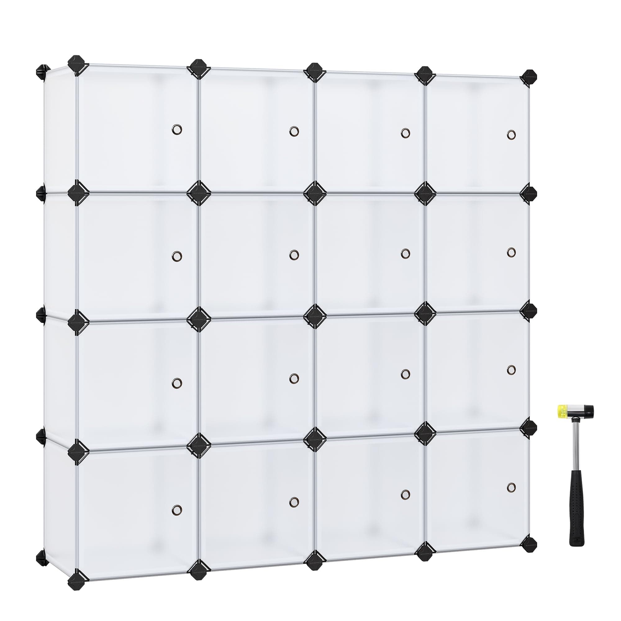 SONGMICS 16-Cube Storage Unit, Shoe Rack, Stackable Cubes, Plastic Closet Cabinet, Wardrobe, with Doors, for Bedroom, Office, Easy to Assemble, White LPC44BS
