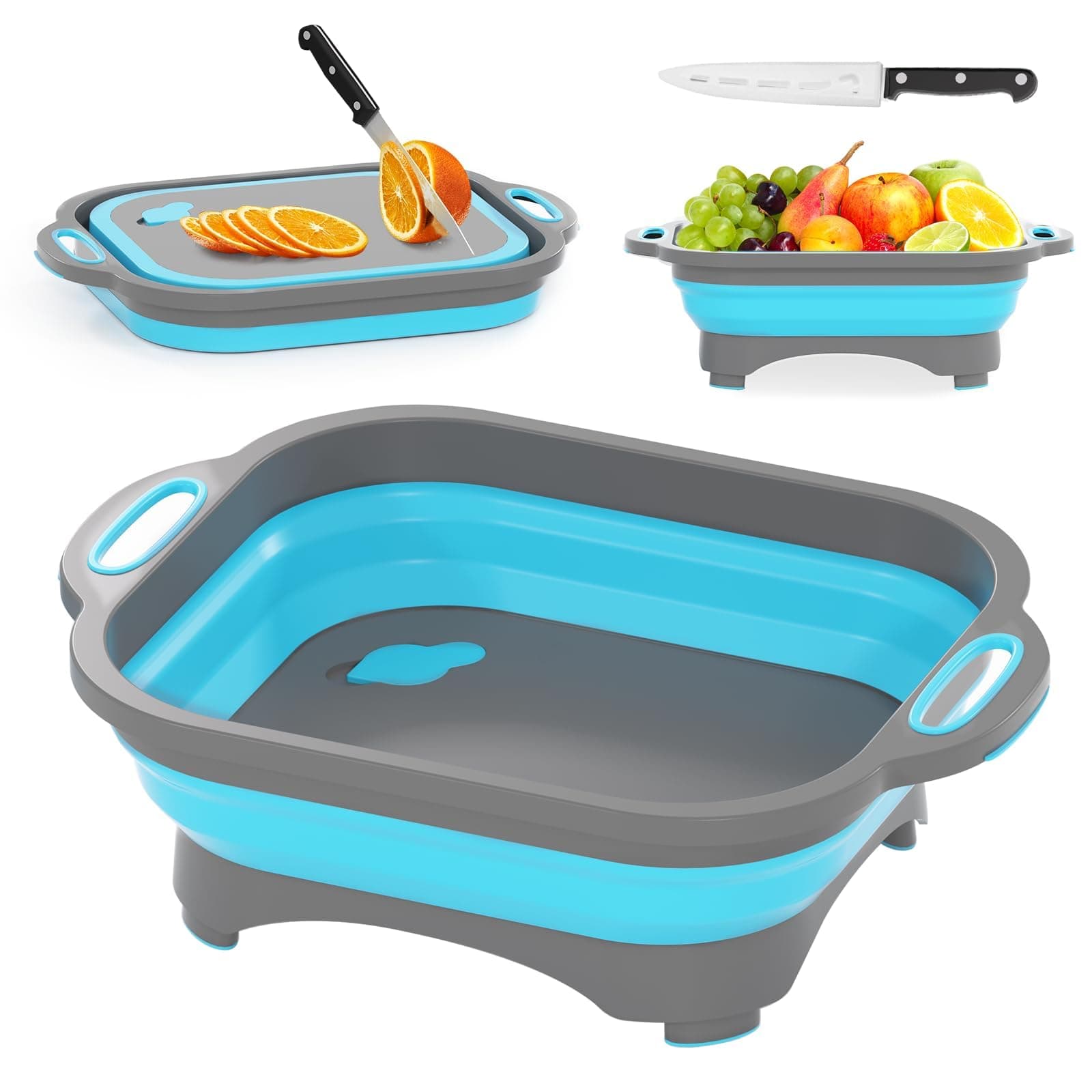 Camping Cutting Board, HI NINGER Collapsible Cutting Board with Knife and Towel Foldable Camping Dishes Sink Space Saving 3 in 1 Multifunction Storage Basket for BBQ Prep/Picnic/Camping Sink