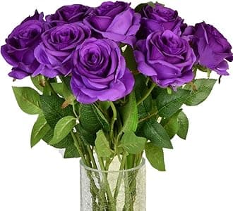 Artificial Flowers, Real Looking Blush Fake Rose Long Stem Silk Artificial Rose Flower Home Decor for Bridal Wedding Bouquet, Centerpieces Birthday Shower Party Garden floral Arrangement Purple