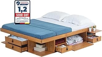 Memomad Bali Oak Bed with Base 160 x 200 cm – Solid Wood Bed and Lots of Storage Space, Ideal for Small Bedrooms – Practical, Sturdy and Elegant