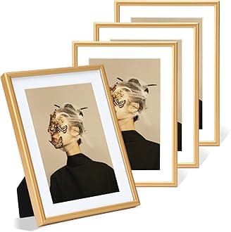 4x6 Picture Frame Set of 4, Matted Gold Simple Modern Brushed Thin Aluminum Metal Photo Frame Fits 3x5 with Mat or 4 x 6 without Mat Vertical and Horizontal for Tabletop and Wall Mounting