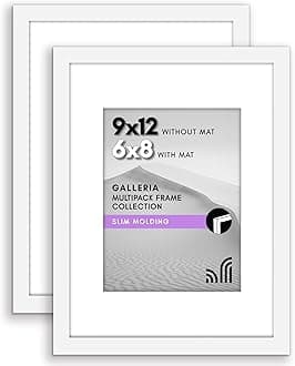 9x12 Picture Frame with Polished Plexiglass - Set of 2 - Use as 6x8 Frame with Mat or Display 9x12 Photo Without Mat - Galleria Collection - Picture Frames for Wall Display - White