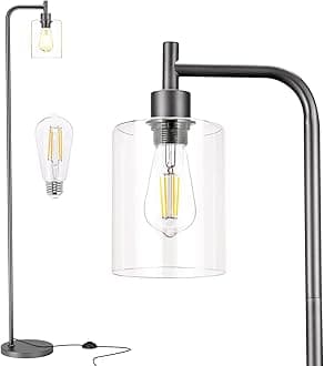 Floor Lamps for Living Room - Industrial Standing Lamp with Glass Shade, Modern Grey Floor Lamp with LED Bulb, Farmhouse Floor Lamp for Bedroom, Tall Lamp for Office - Grey