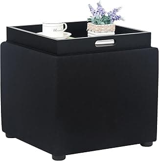 Square Storage Ottoman with Reversible Tray Top, 17-inch Linen Cube Footrest & Coffee Table for Living Room, Bedroom & Small Spaces, Black