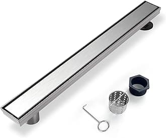 Offset Linear Shower Drain, Shower Drain 24 inch with 2-in-1 Tile Insert Cover, Brushed AISI 304 Stainless Steel Side Outlet Shower Floor Drain with Hair Catcher and Adjustable Feet