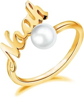 Personalized Name Ring for Women, Customized Promise Heart Birthstone Pearl Ring for Her Adjustable Couples Rings with Name Jewelry Gift