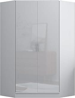 Reflect - 2 Door CORNER Wardrobe with 2xHanging Rails and 10 Shelves for Bedroom (H: 180cm x W: 103cm x D: 103cm) (White Gloss/Matt White)