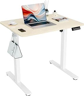 Electric Standing Desk, 31.5" x 23.6" Height Adjustable Sit Stand Desk with Splice Board for Home Office, Computer Desk Memory Preset (White Frame, Gold Oak Desktop)