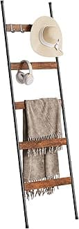 ELYKEN Blanket Ladder for Living Room, Farmhouse 5-Tier Quilt Holder with 4 Removable Hooks for Bathroom, Wood Towel Rack Display, Wall Anchor Leaning Decorative Stand for Home, Rustic Brown