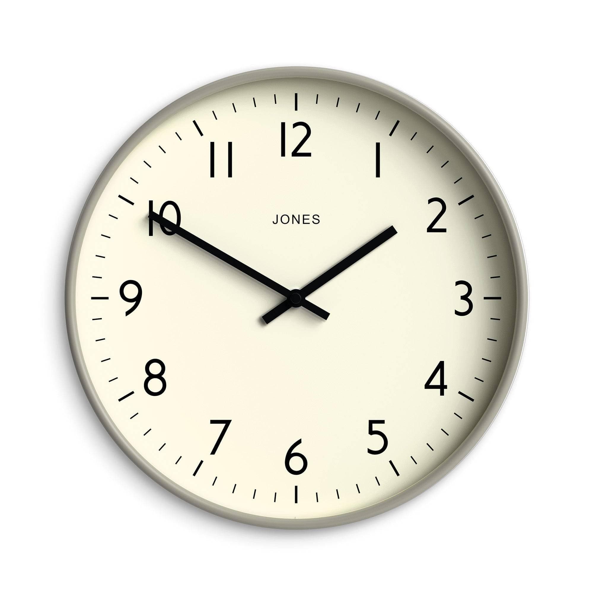 JONES CLOCKS® Studio Clock | Modern Round Wall Clock | 12 inch | Gray | Easy to Read Numbers | Versatile Design for Kitchen, Living Room or Office
