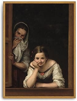 Roslynity Framed Canvas Wall Art Vintage Print Paintings Two Women at a Window Restroom Funny Portrait Toilet Poster Classic Humor Retro for Home Living Room Bathroom Wall Decor (12"x16")