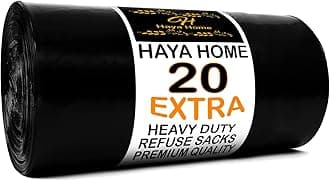 Haya Home 20 EXTRA LARGE Heavy Duty Bin Bags 100L Black Plastic Bin Liners 45 μm Refuse Sacks Thick Strong Heavy Duty Waste Dustbin Bags for Kitchen Home Office DIY Garden Use 100% Recycled Material