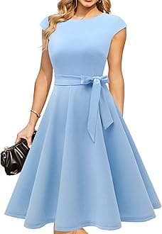 DRESSTELLS Women's Dresses for Church, Modest Wedding Guest Bridesmaid Prom Dress 2024, Formal Fit Flare Petite Vintage Cocktail Party Dress Sky Baby Blue XS