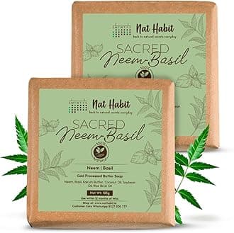 Nat Habit Neem Basil Butter Soap|Cold Processed Ayurvedic Soap with Neem Actives|Antibacterial, Herbal Soaps for Bath|Anti-Inflammatory Handmade Neem Soap Bar|Essential Oils for Body Acne| 125g x 2