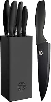 Knife Block Set of 6 Kitchen Knives, Extra Sharp Stainless Steel Blades for Professional Cutting with Non Stick Coating & Soft Touch Easy Grip Handles in a Universal Block, Essential Black