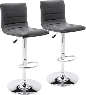 Vogue Furniture DirectPU Leather Bar Stools, Modern Square Adjustable Swivel Barstools with Back, Armless Airlift Counter Height Bar Chairs for Kitchen Dining Set of 2 (Grey)