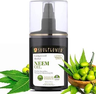 Soulflower Neem Oil for Hair Growth, Anti Hair Fall & Dandruff Control, Conditions Scalp, Soothe Frizz, Reduce Wrinkles & Acne 100% Pure, Natural, Organic, Cold pressed Oil, 120ml (Pack of 1)