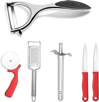 Panchhi Store Stainless Steel Blade Peeler for Vegetables and Fruits with Stainless Steel Knife and Gas Lighter and Slicer Grater for Cheese and Pizza Cutter Kitchen Tools Set