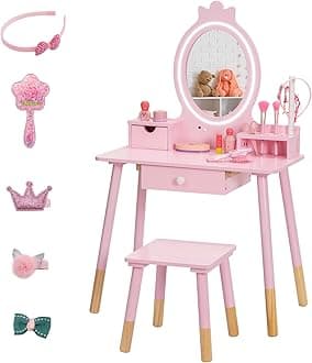 BRINJOY Kids Vanity Set with Lighted Mirror, Princess Make Up Dressing Table and Stool Set w/Jewelry Storage Rack & Make Up Brush Holder, Wooden Children Vanity Table Pretend Playset for Girls