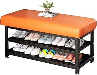 Beauenty 2-Tier Shoe Rack with Soft Cushion, Metal Frame Entryway Shoe Changing Stool, Space-Saving Shoe Organizer for Hallway, Bedroom & Living Room (Orange, 100CM)