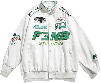 ESUKAR Bomber Jacket Men Women Hip Hop M&M Embroidery Motorcycle Loose Baseball Coat Casual Street Racing Varsity Outwear