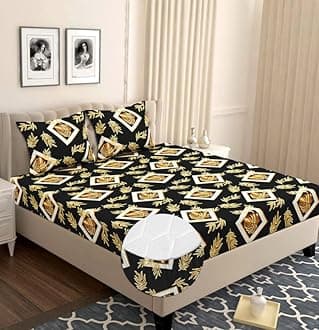 BSB HOME Glace Cotton Elastic Fitted Bedsheets with 2 Pillow Covers Double Bed All Around Elastic Sheet Leaf Print Size - 72 x 78 +10 inches, Black 180 tc - 200 tc