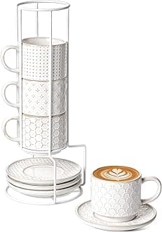 LE TAUCI 8 oz Stackable Latte Cups with Saucers and Stand, Set of 4, Large Ceramic Coffee Cup and Saucer Set for Tea, Cafe Au Lait, Microwave & Oven Safe - Embossed White